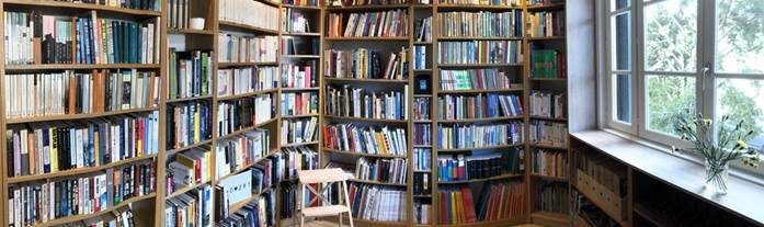 A corner room lined floor to ceiling with full bookshelves, a step stool in the middle and a bright window on the right.